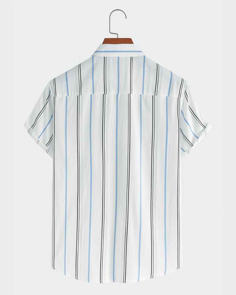 Back view of men's white shirt with vertical stripes in black and blue, showing shoulder yoke and rolled short sleeves

