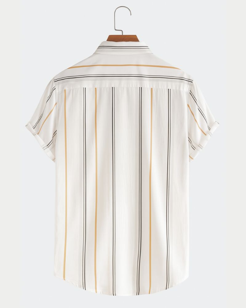 Back view of men’s white shirt with black and beige vertical stripes, relaxed short sleeves and rounded hem
