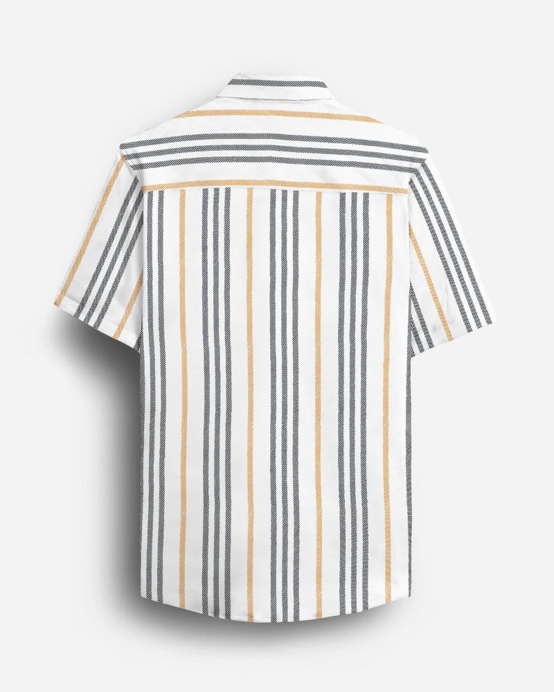 Back of men’s short sleeve shirt with black and mustard herringbone-style vertical stripes on white, yoke panel and curved hem
