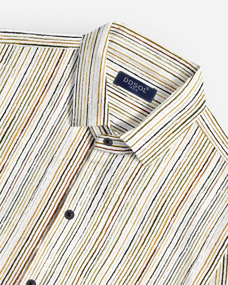 Close-up of collar and buttons on men's striped cotton shirt 

