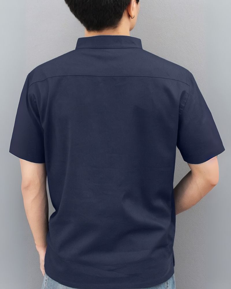 Back side of men's navy mandarin collar shirt 