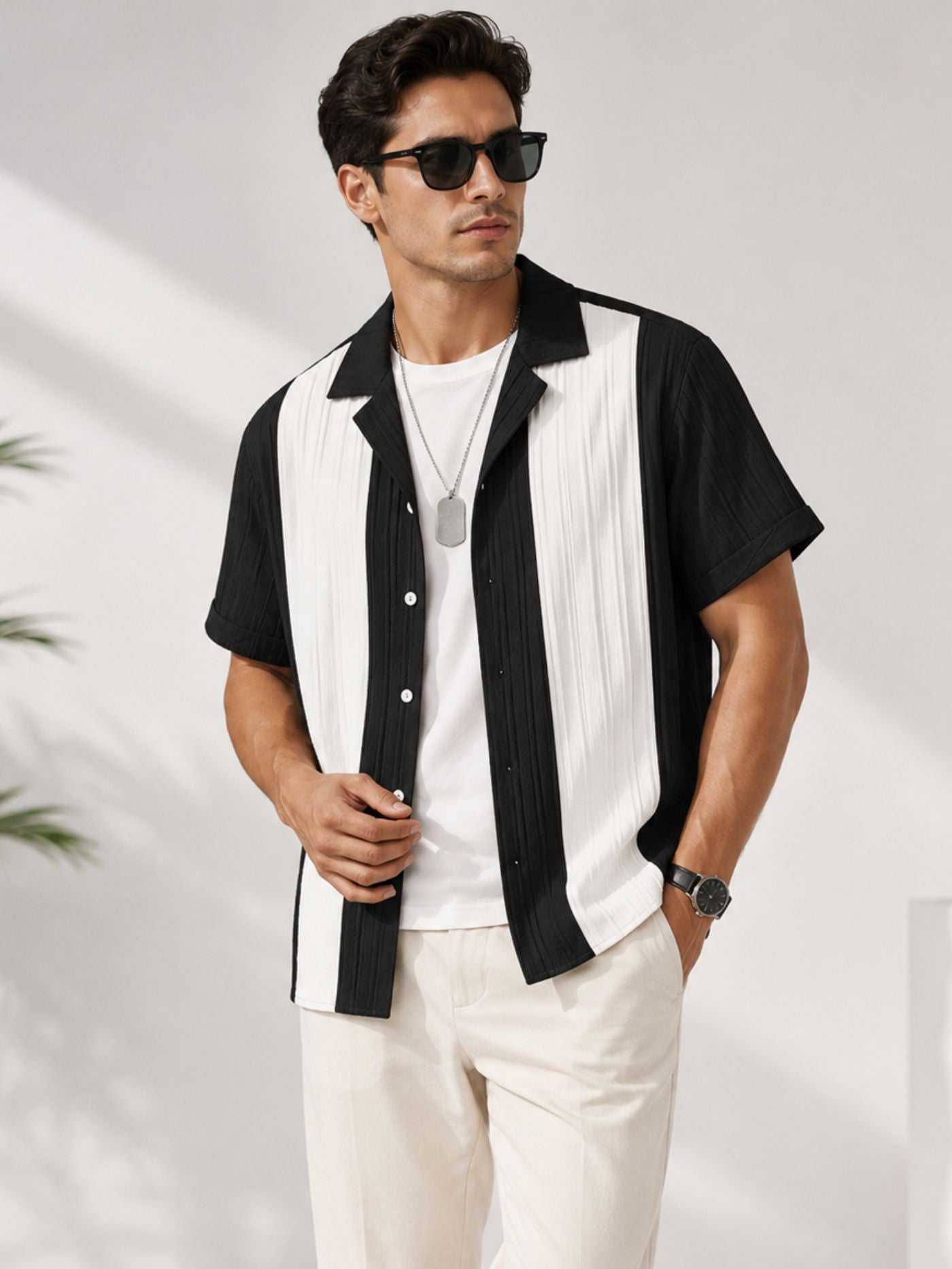 Veyra Black and Pearl Resort Collar Shirt close-up front image