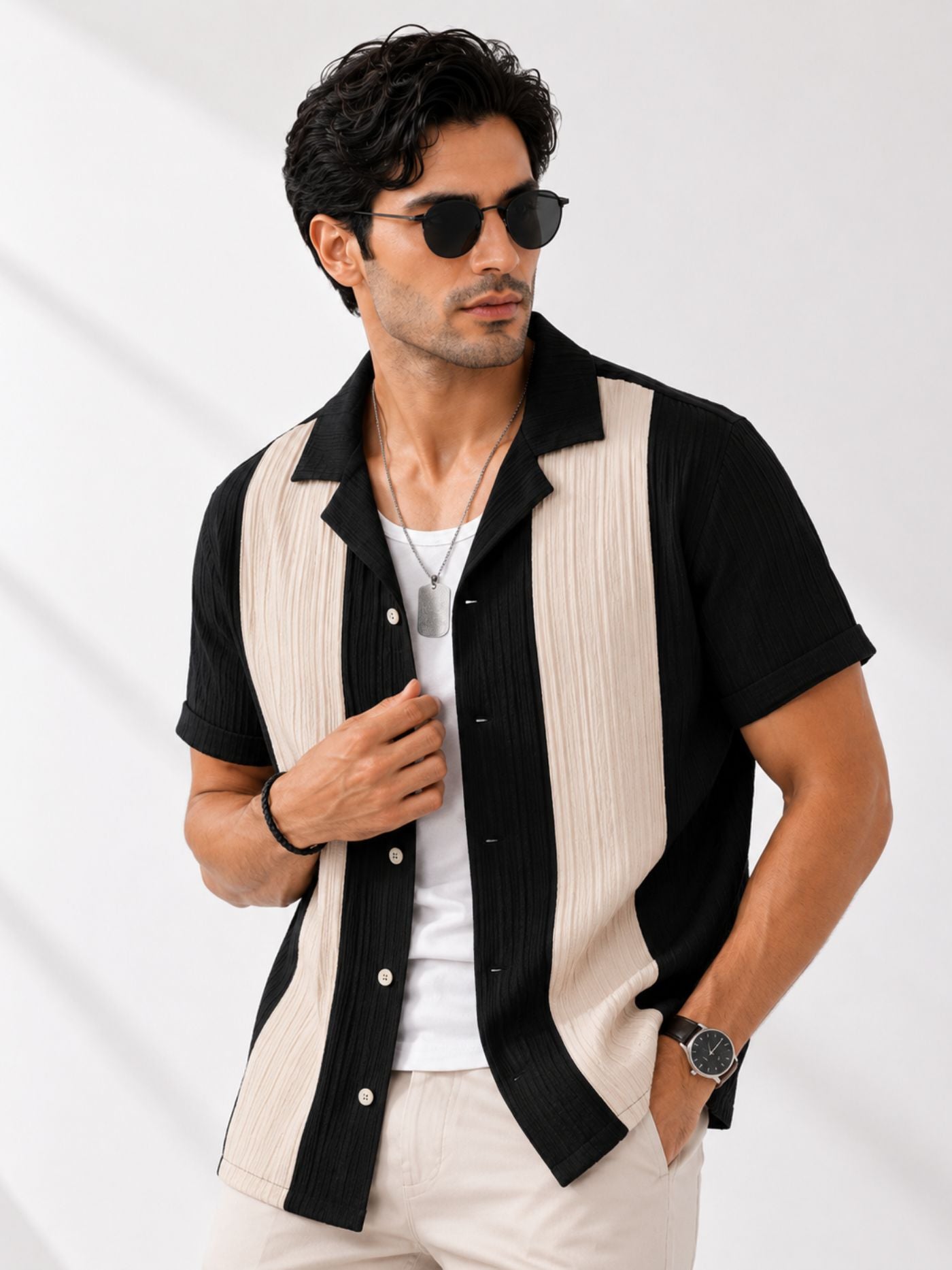 Veyra Contrast Performance Shirt in Black and Sand close-up front view