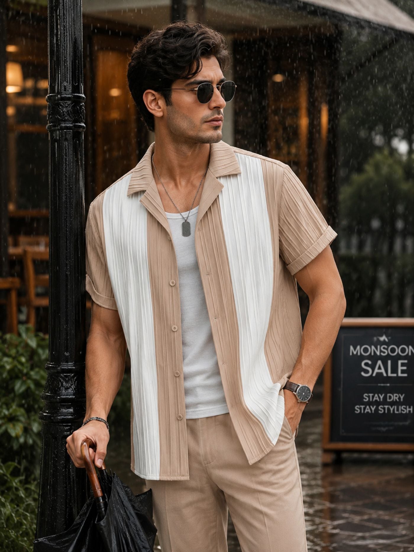 Veyra Sand and Pearl Performance Shirt for men monsoon lifestyle view