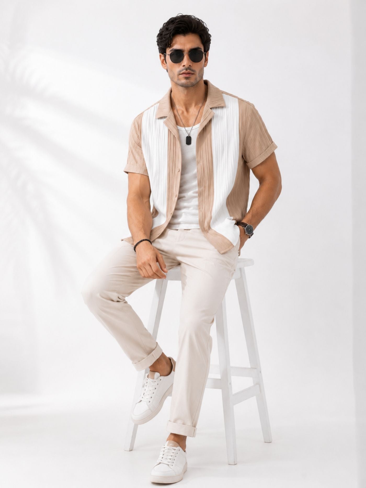 Veyra Sand and Pearl Resort Collar Shirt close-up side pose