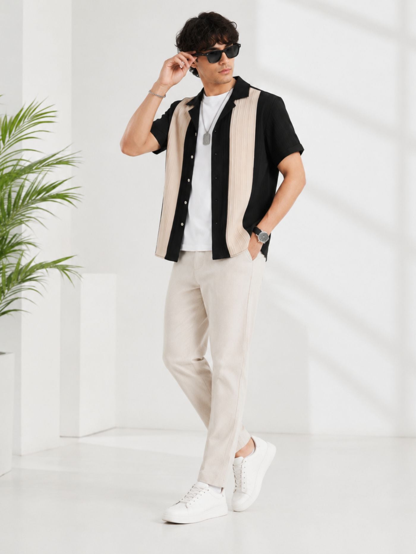 Veyra Textured Performance Shirt for men with beige trousers