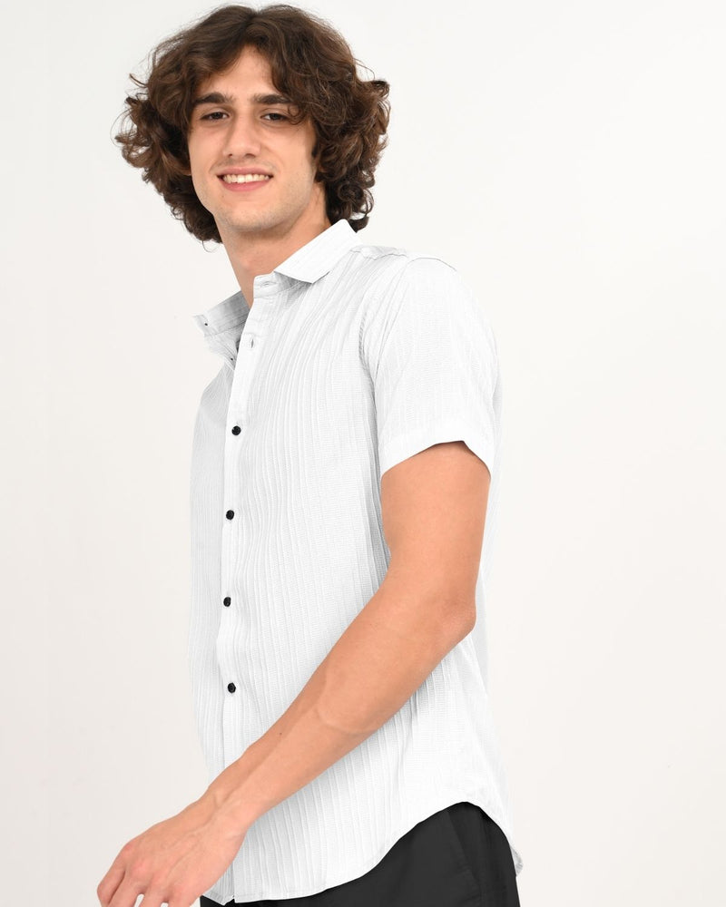White textured shirt side profile on model