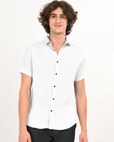 White textured short-sleeve shirt front view on model